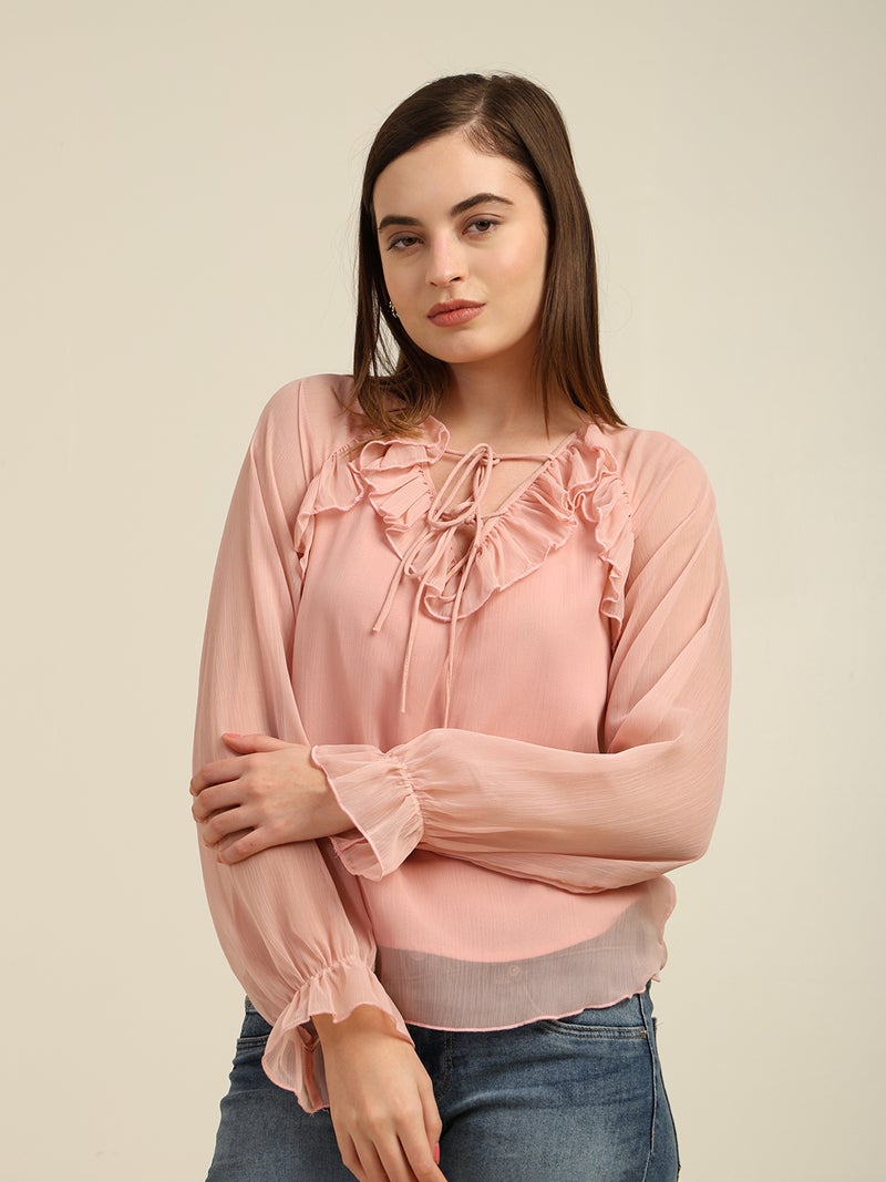 7OUNCE Chiffon Top for Women - Pink Ruffle Neck - Image 4